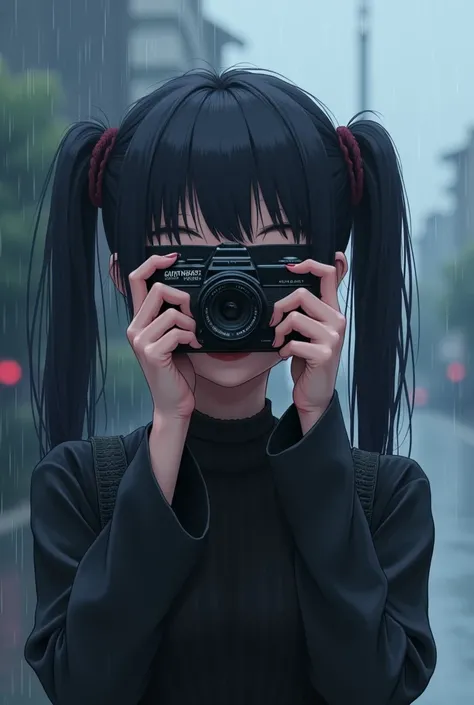 Young black-haired woman with two gothic tails with her blindfolded eyes smiling and a camera taking pictures of how its raining 