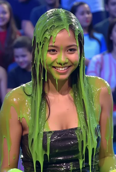 Photograph of Asian woman covered in green slime. hyper-realistic style. 8k. Photorealistic. Glistening slime. Green slime. Dripping slime. Raw photo. Asian Instagram influencer. Asian model. Asian. (Asian girl: 1.1). F/1.4 aperture. 35mm. Strapless black ...