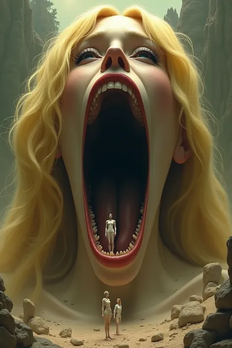 A giant blonde woman opens her mouth and inside there are two tiny women being engulfed