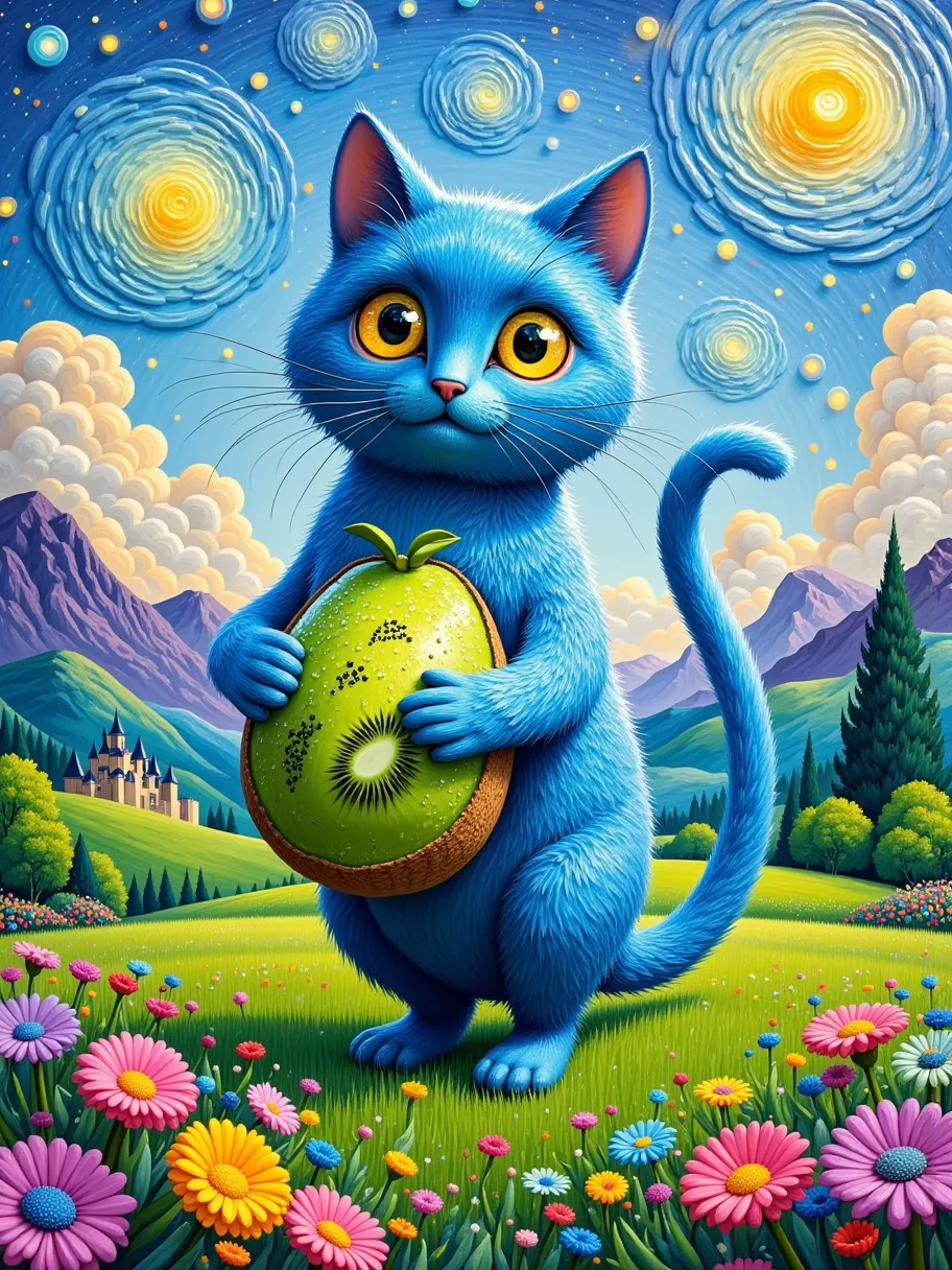 3d 3d oil painting，van gogh oil painting，fingerprint oil painting，3d relief， a blue cat composed of kiwis and bas ， and its body...