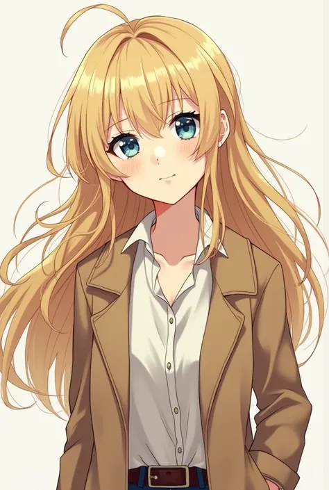 Create a drawing of beautiful blonde hair partially covering her forehead tilting her head to the side, she has blue eyes, shes wearing a brown dust coat, a buttoned shirt, she has a smile on her face, in manga style