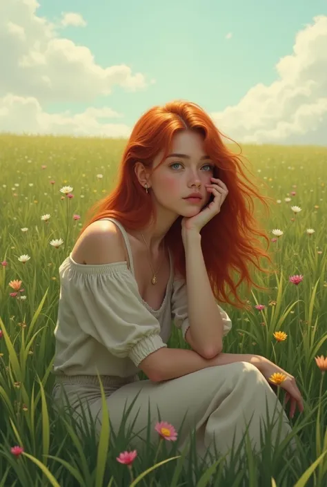 there is a woman sitting in a field with her hand on her face, sitting in a field, in a field, in a field de hierba, in a meadow,  on a grass field , in the middle of a field, in the grass,  sitting on the floor , Redhead woman, Redhead girl, A young red-h...