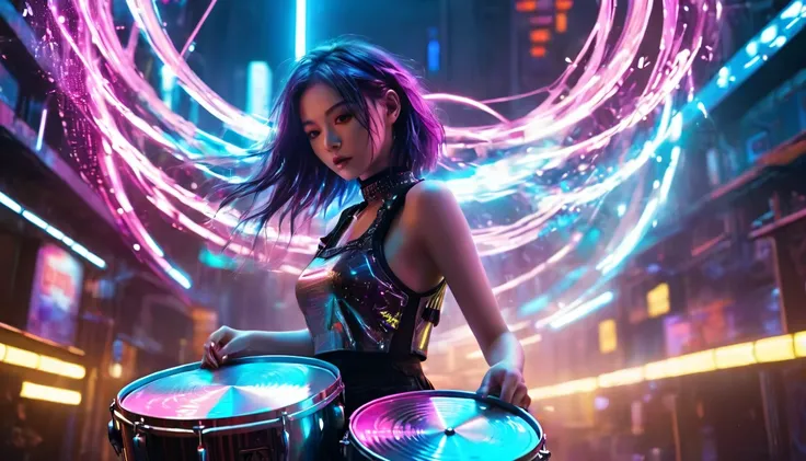 1 girl，beautiful，cyberpunk style,Bling Bling Bling Bling，motion blur，playing metal drum，Cinematic lighting effects