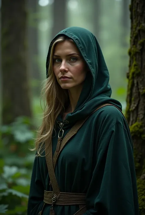 (photorealism:1.2), wise 45 years old woman, dark brown and green forest, dark blonde hair, pointy hood