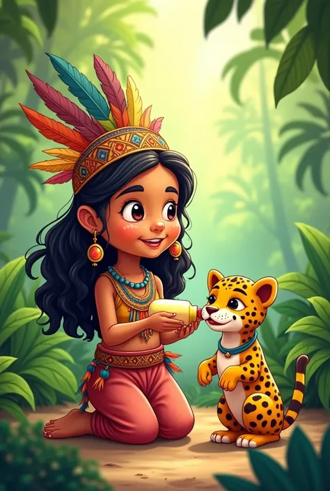 Cartoon of an indigenous girl with a headdress, smiling, Bottle-feeding a jaguar cub 