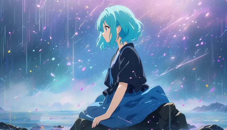 An anime girl is sitting on a rock in the rain,  cute girl anime visual, Wallpaper anime blue water,  young anime girl ,  Anime Style  4 k, anime wallpaper 4k, anime wallpaper 4k , anime girl with blue green hair , Woman with short blue hair,  Anime Style ...