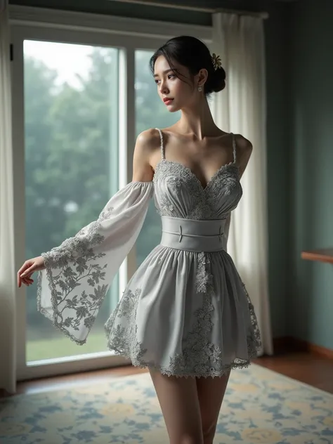 image realista style photographic.Beautiful Caucasian girl with white skin, Wearing a dress of faith Kimono style(classic Japanese decoration) ,with a wide obi,  and floral lace details and a short pencil skirt.short sleeves with., gray lace distributed in...