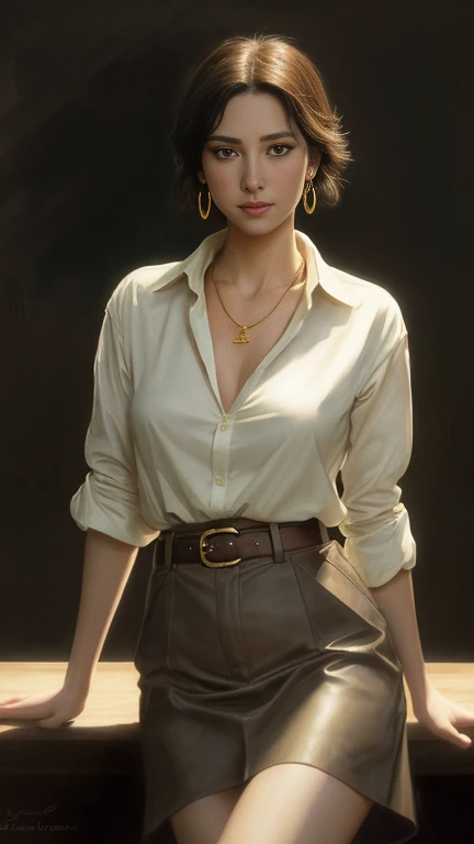 Taki, explorer, sitting on a table, light brown hair with white highlights, thin Gold necklace, earrings, green eyes, freckles, slender, (collar:1), White open shirt, rainforest, sweaty, khaki (skirt), thigh, black leather belt, fantasy art, concept art, h...