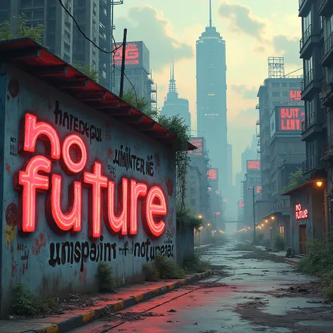 Wall with graffiti with the phrase  "No Future " With punk-style lyrics in front of .  destroyed focused on the middle of the background a dystopian cyberpunk city
