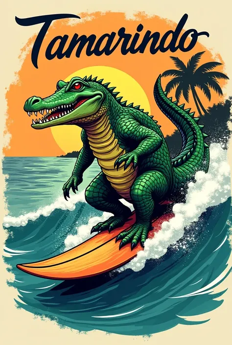 Create a basic crocodile shirt on a surfboard that says tamarindo on the back with the Santa Cruz skateboards typography 