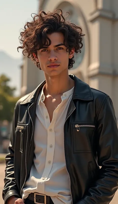 "Design a young, fashionable male avatar with curly hair, a casual yet trendy outfit that combines streetwear with elements of sophistication, like a crisp white shirt under a leather jacket. He has a neutral expression, conveying confidence and seriousnes...