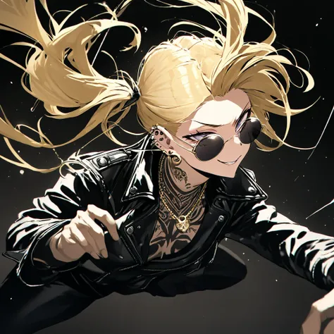 Alone, 1 male,   blonde hair mash hair  , ponytails bleeding from the vagina,Man Bun,Swinging Hair,  eyes ,round sunglasses  , Leather Jacket , perfect eye details ,, perfect eye details ,Ear Piercing,tattoo, Yankee,gold necklace,black suit floating in a b...