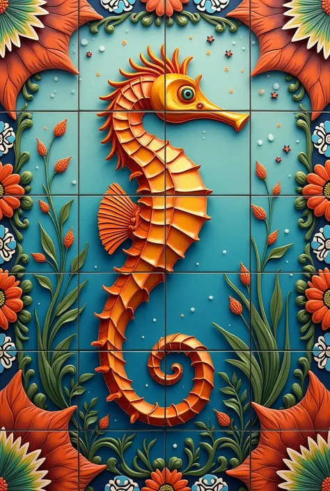  tile design for a wall inspired by Vibes de San Miguel de Allende,  sea horse ,  Patterns , COLORS, several tile ,  different designs 