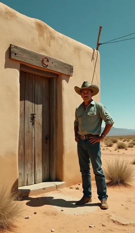 "Félix Maynes ,  standing next to his adobe house ,  with a perplexed but resolute look ,  while a small border marker , barely perceptible,  marks the mistake in his residence ,  a few meters inside American territory .  The house is rustic ,  with a worn...