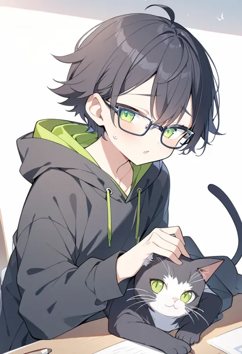  1 boy 、 black hair(( Very Short))、split hair 、 green eyes、Glasses、 black hoodie 、cat((三毛cat))I have