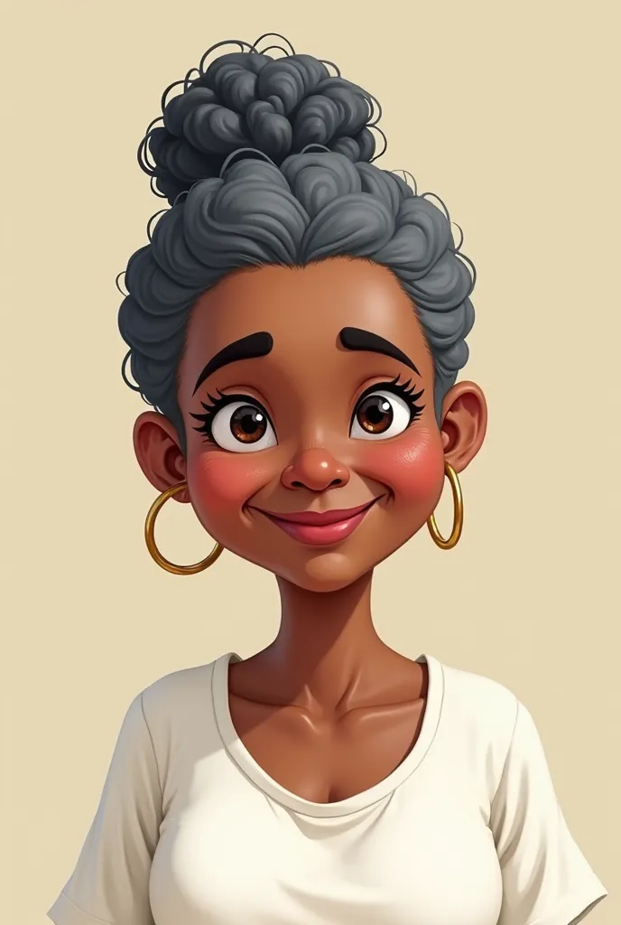 Give me the image in Cartoon ,  of a fair-skinned black woman of age ,
 chubby, Baixa-class, without makeup,  with little frizzy gray hair in a bun , with a chubby, round face and with slight wrinkles, with a white blouse 