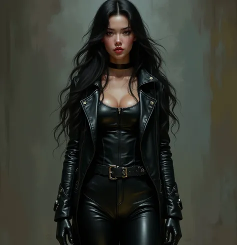 white girl black hair leather coat leather pants black heels with leather gloves Long Hair, Blush, , Red Lips, Smile, Super Detailed, 