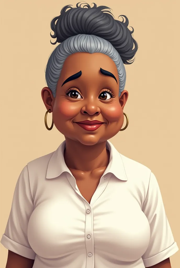 Give me the image in Cartoon ,  of a fair-skinned black woman of age , gorda, Baixa-class, without makeup,  with little frizzy gray hair in a bun , with a chubby, round face and with slight wrinkles, with a white blouse 