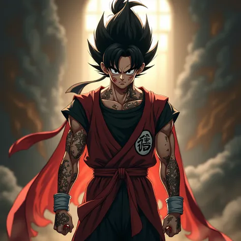 Solo, 1boy, High Resolution, dragon ball z, Cinematic, Cinematic Lighting, Image Fill, spiky black hair pull in ponytail has bangs hanging over my face, black sclera, white pupils, scar stretch between my eyes, lean-yet-muscular body that been heavily scar...