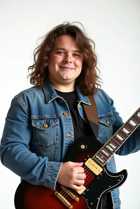 Rockers man holding guitar,long hair,jeans jacket,white background,front facing,close up,young man but chubby
