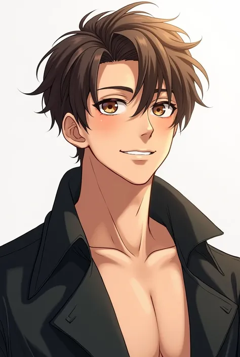 Create a drawing of a handsome guy with soft features ,with brownish hair covering his forehead, hes wearing a black dust coat without a shirt inside of the dust coat, he has a reasurring smile on his face, in a manga style 