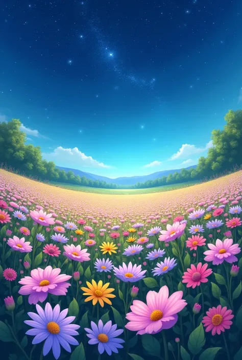 Field with flowers starry blue sky