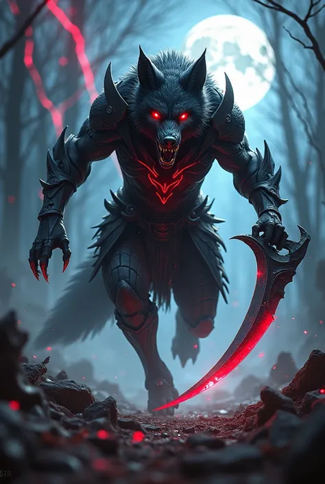 A ferocious wolf with a humanoid form, draped in obsidian-black armor with crimson glowing accents. Its claws are sharp and metallic, and it wields a dual-bladed scythe that hums with dark energy. The wolf’s glowing red eyes pierce through the shadows as i...