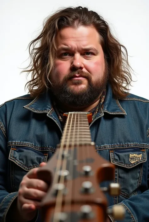 Rockers man holding guitar,long hair,jeans jacket,white background,front facing,close up,chubby
