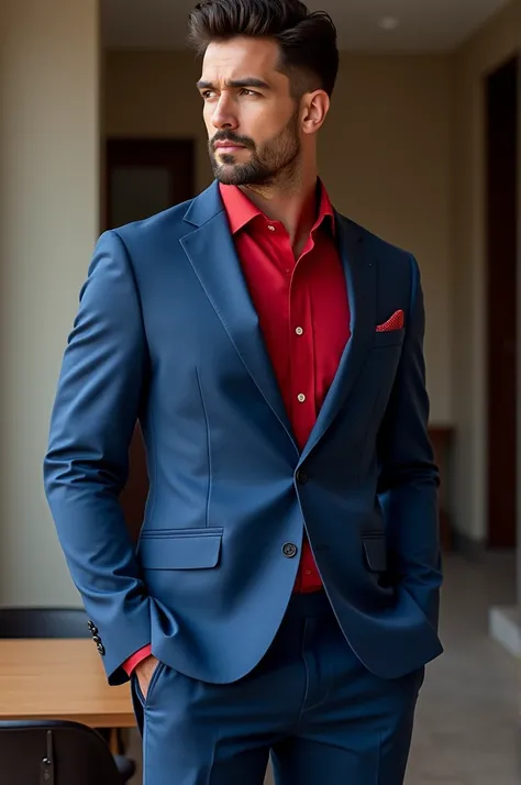 Elegant blue suit for men with a different red shirt 
