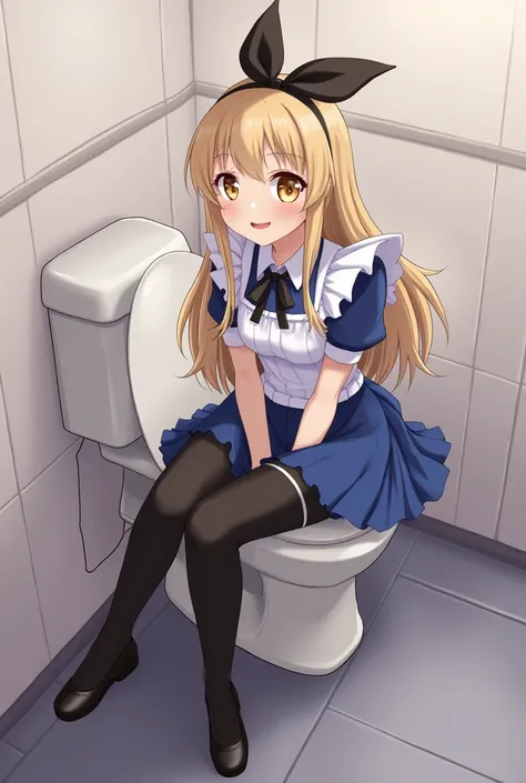 anime, alice wonderland, black leggings, sit toilet, happy,