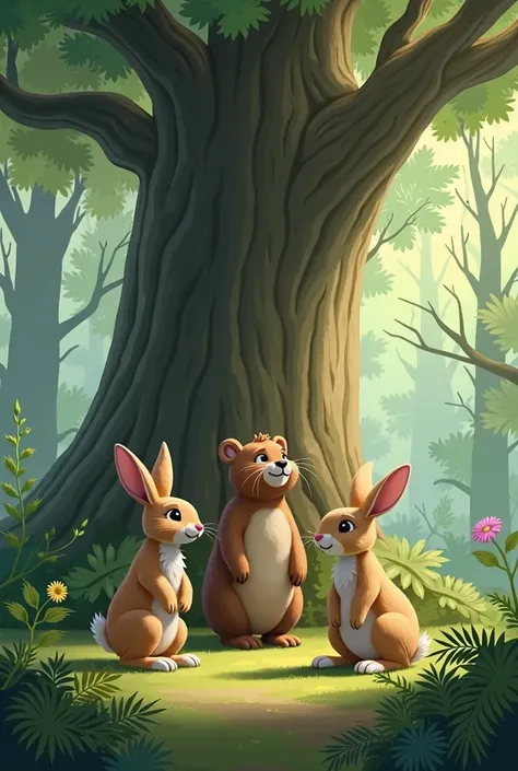 two rabbits and a bear cub standing in front of a big tree