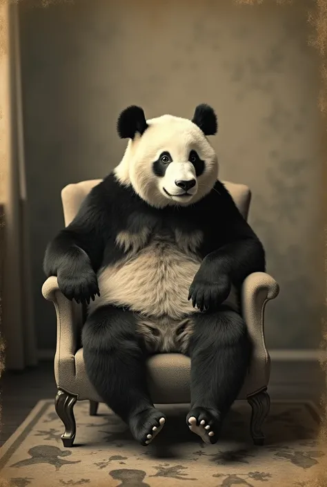 A panda bear sitting on a chair as if it were an old photo and that is lying on a kangaroo carpet with the kangaroos head visible