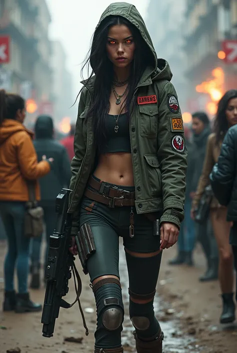 A female rebel leader with a commanding presence, standing in front of a group of followers in a post-apocalyptic, cyberpunk city. She wears a combat jacket with a hood, augmented cybernetic legs, and a variety of patches symbolizing her rebellion. Her dar...