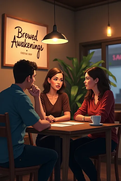 inside the brewed awakenings. theres Sarah, Mark and Emily inside. Sarah: (sighs) I don’t know, Mark. The numbers just aren’t adding up. I thought my business would be thriving by now.