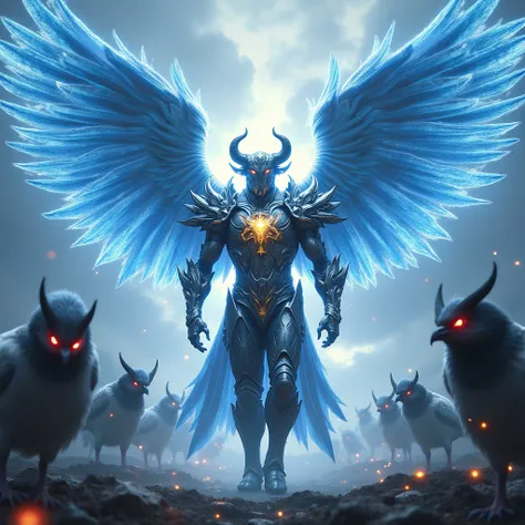  An epic scene and portraying a deified man ,  now known as the Red Bull God ,  a heavenly figure of absolute power .  He is at the height of his magnificence ,  with imposing wings made of pure energy that radiate an intense glow in shades of electric blu...