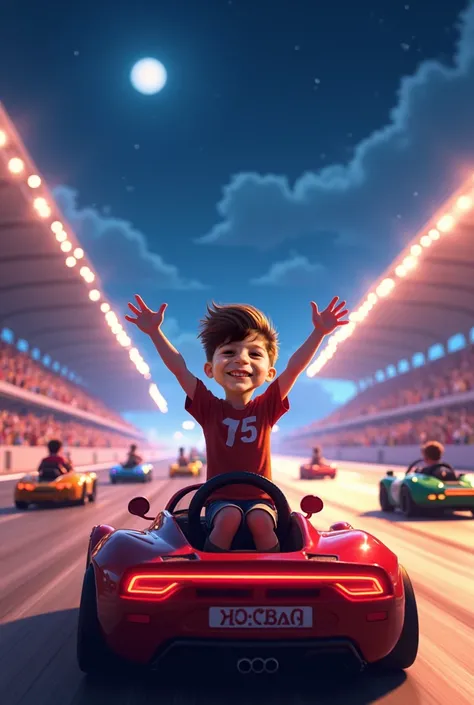     Generate an image of a boy   ,    light brown hair,   Molded on the sides  , tigela estilo  ,   smiling and driving a blue sports car ,  winning the race ,  celebrating the victory with their arms raised   .     The racetrack is full of people in the s...