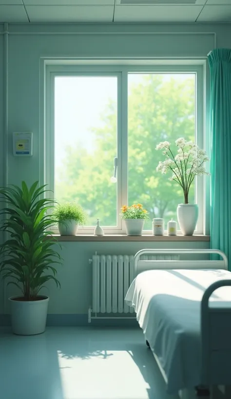 Hospital room　clean　Asahi　Calm　 based on white　人のいないHospital room　healthy　Plants outside the window 　The outside of the window is green 　4 young men taking pictures in their room on a spring day 　Quiet　 high definition , masterpiece,  anatomically correct,...