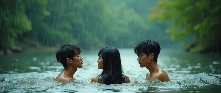  Two handsome Korean young men and a beautiful girl bathing in the middle of the lake in the middle of the forest whose view is very beautiful, SPLASH WATER , cinematic color schame , when the rain splashes, movie poster concept, romantic, wild , bisexual ...