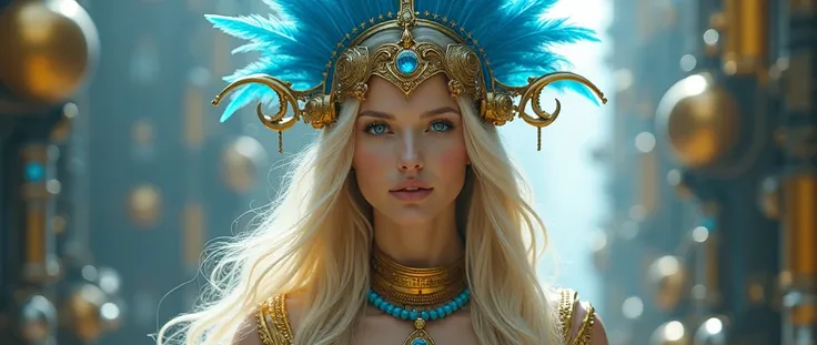 The image features a woman with long blonde hair and blue eyes, adorned with a gold crown and a blue feather headdress, emanating a divine and ethereal aura.high technology  advanced, futurism, realistic fantasy,  mechanical parts, biomechanical implants, ...