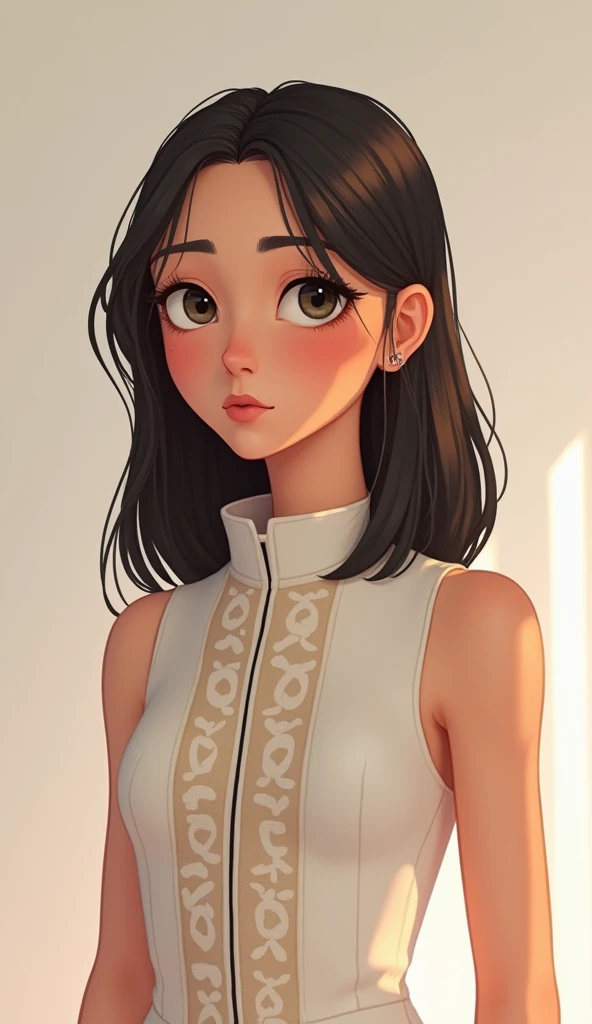 "Create a young female avatar with straight, shoulder-length hair. She wears a high-neck, modern dress with geometric patterns, exuding elegance. Her expression is thoughtful and focused, as if she’s preparing to discuss profound biblical teachings. The se...