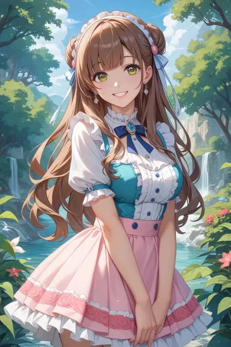 Nene Kasaki々、 Shiny Brown Hair 、（ beautiful brown eyes 、Shining Eyes、 fine-grained）、smile、 super detailed eyes 、 very detailed face、 Highly Detailed Eyes、 cowboy shot、（masterpiece、 best quality：1.2）、、solo、 one girl who is at ease、、、、Laughter、 long hair、 st...