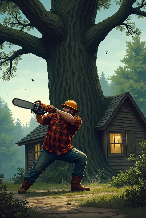 Man knocks down a tree above a house with a chainsaw 