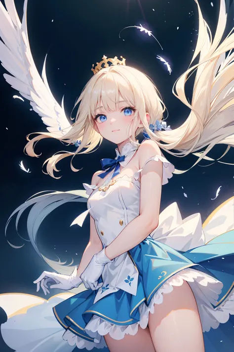  A charming blond angel ， Her long hair is adorned with delicate hair accessories ， with bright blue eyes Looking directly at the audience with a bright smile。 She wears a blue and white off-the-shoulder pleated skirt，Wear it with white stockings，Blue heel...