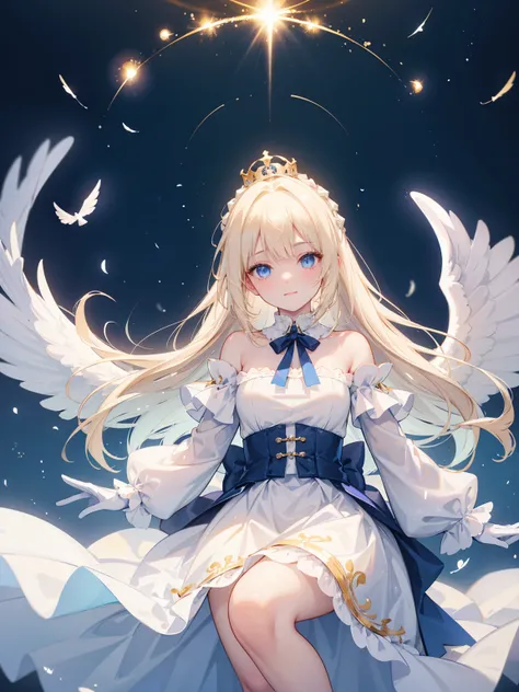  A charming blond angel ， Her long hair is adorned with delicate hair accessories ， with bright blue eyes Looking directly at the audience with a bright smile。 She wears a blue and white off-the-shoulder pleated skirt，Wear it with white stockings，Blue heel...