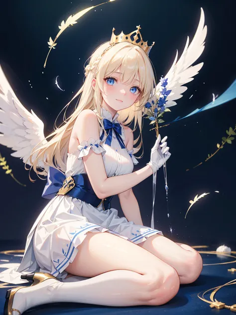  A charming blond angel ， Her long hair is adorned with delicate hair accessories ， with bright blue eyes Looking directly at the audience with a bright smile。 She wears a blue and white off-the-shoulder pleated skirt，Wear it with white stockings，Blue heel...