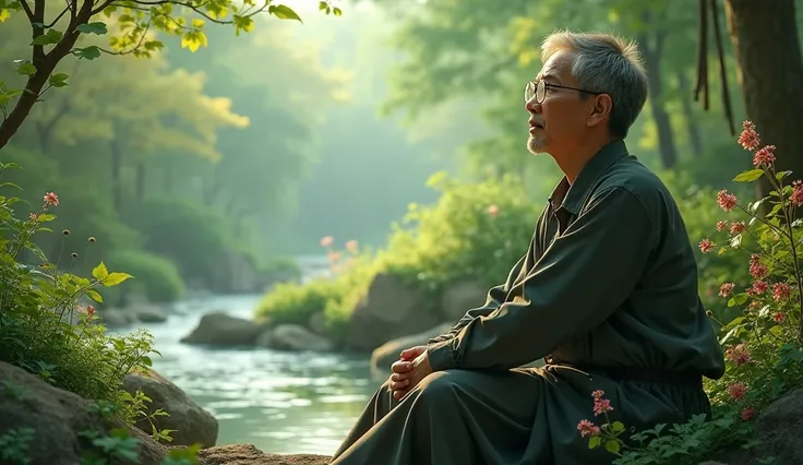 I get a middle-aged Asian man with glasses sitting next to the image in the right corner in a square rich in nature