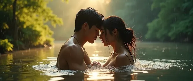  Two handsome Korean young men and beautiful girl bathing in the middle of a lake in the middle of a forest where the view is very beautiful, SPLASH WATER , cinematic color schame , when the rain splashes, movie poster concept, romantic, wild , bisexual co...