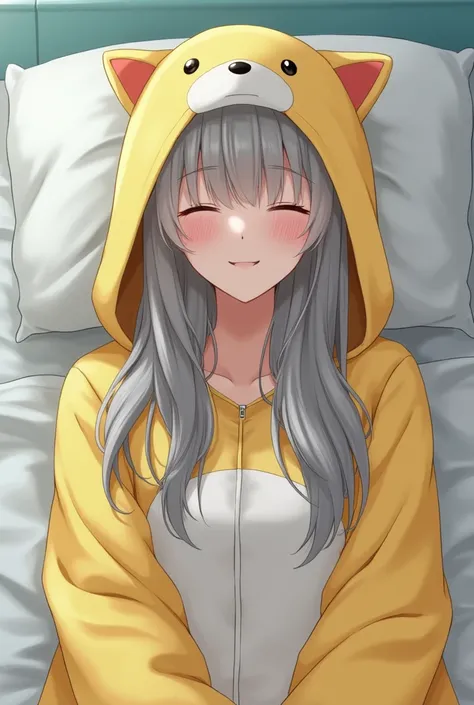   high definition ,  best quality, Gray Hair,hospital, on the bed、 1 girl ,  girl、Kigurumi pajamas、big hood、Yellow pajamas、dog ear pajamas , Very detailed, closed eyes, oversized pajamas,woman,photograph,reality, long hair 