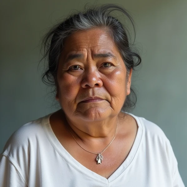 Front image of a slightly overweight woman with Latin American Quechua (Bolivian) traits, aged approximately 40 years 
With white shirt 
