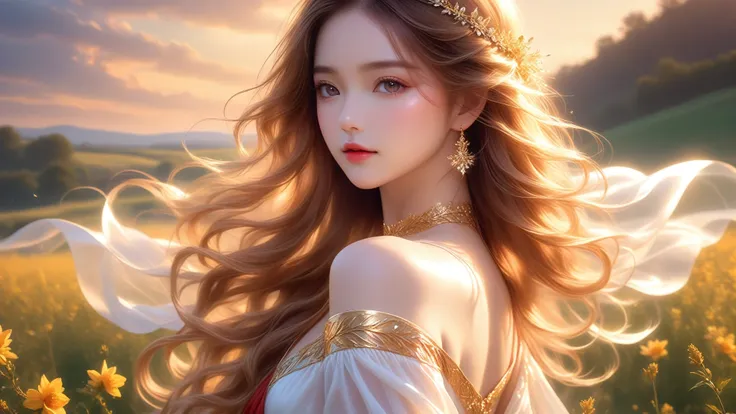 A Masterwork In 32K Resolution, Unmatched Quality, Ultra-Fine Details, Official Art, Supreme 32K Wallpaper, Gorgeous And Ethereal, Highly Detailed Features, Spellbinding Detail, Dutch Angle, Hyper-Realistic, Summer Landscape. One Girl, Solitary, Golden And...